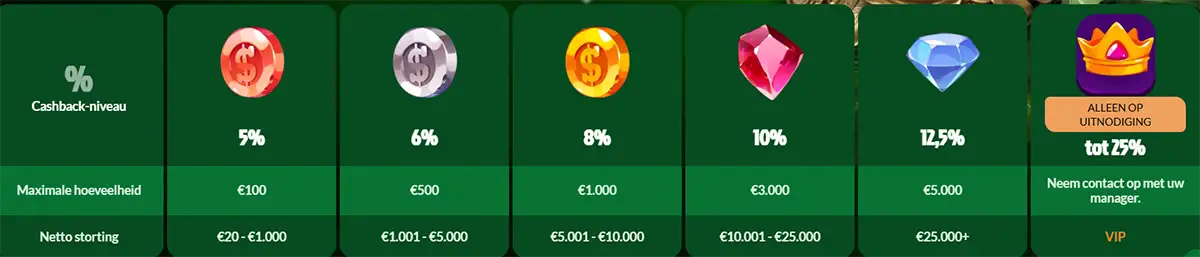 Spin Maya cashback table in Dutch showing cashback levels from 5% to up to 25%, with maximum amounts, net deposit ranges, VIP invite-only tier and coin, gem and crown icons on a dark green interface.