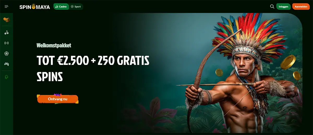 Spin Maya casino homepage in Dutch showing a welcome package offer up to €2,500 plus 250 free spins, with a Mayan-style archer banner, orange call-to-action button and dark green interface.