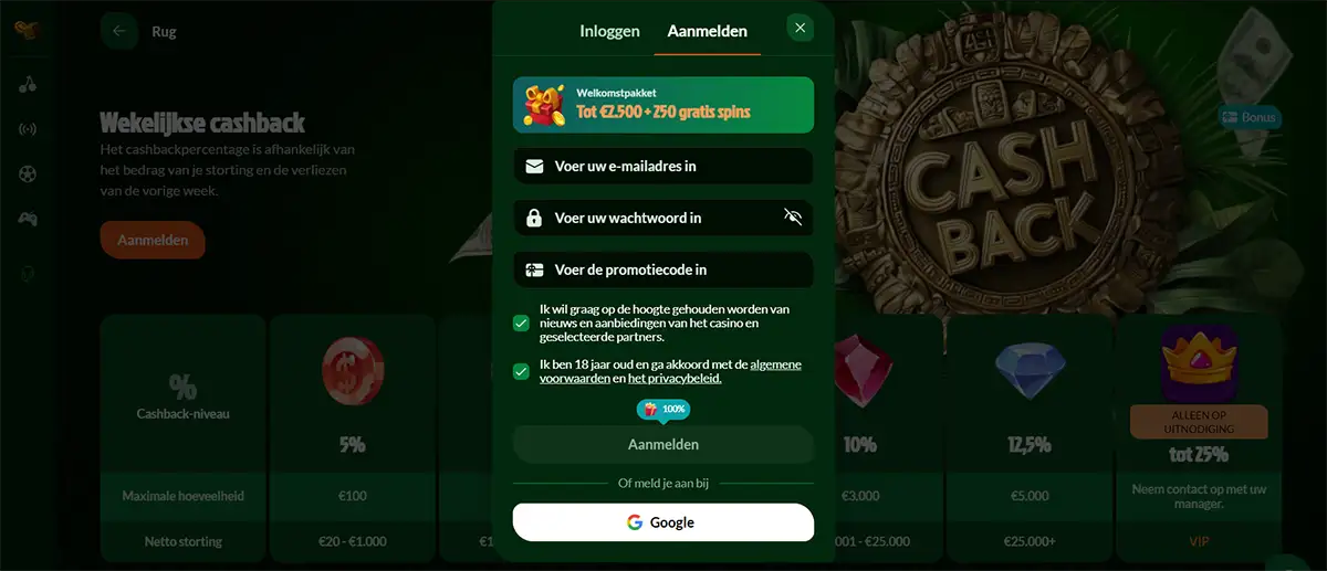 Spin Maya sign-up popup in Dutch displayed over a weekly cashback page, showing email, password and promo code fields, welcome package bonus, consent checkboxes and Google registration option.